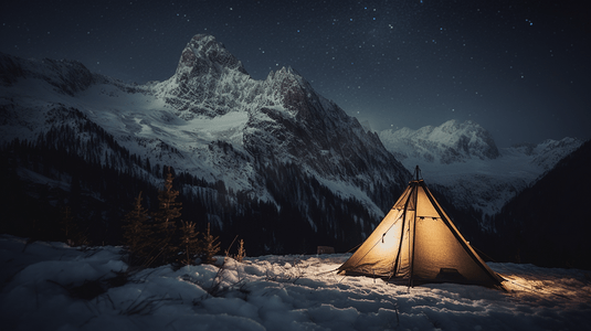 夜间在雪山脚下露营搭帐篷2