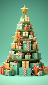 圣诞节3D立体彩色礼物盒堆成的圣诞树