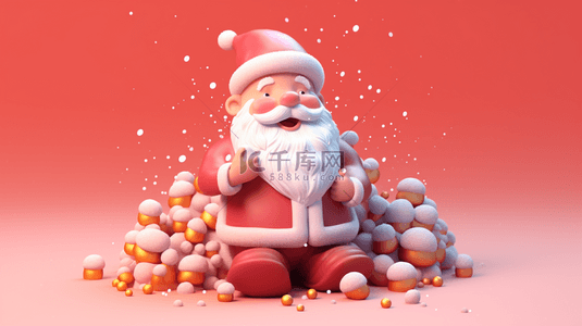老人坐在地上背景图片_红色圣诞节3D立体坐在地上的圣诞老人