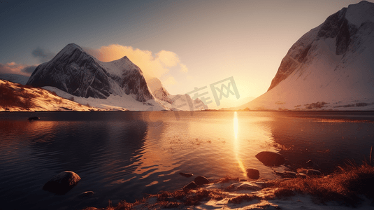 日落时靠近水体的白雪覆盖的山峰