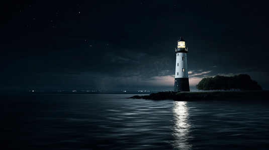 夜间靠近水体的黑白相间的灯塔