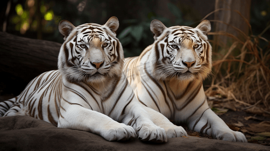 地上的两只橙白相间的老虎