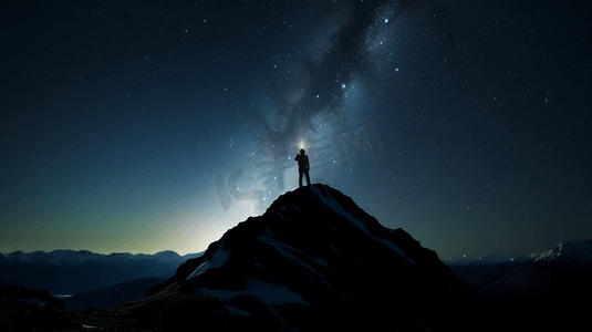 夜晚，山顶上的人用手电筒指着满天繁星的剪影