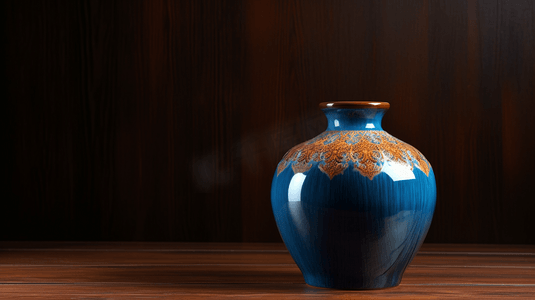 棕色木桌上的蓝色陶瓷花瓶