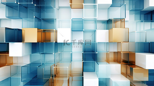 蓝白抽象方块几何半透明拼接1