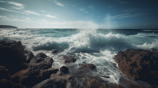 海浪碰撞岸边礁石