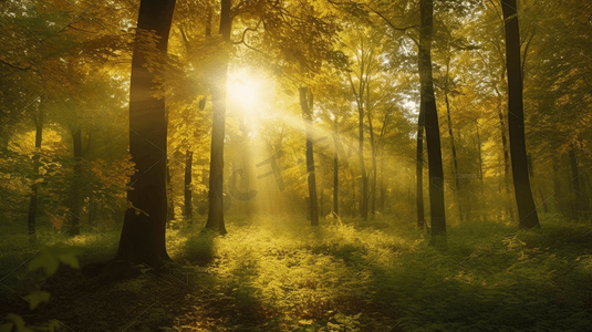 阳光透过森林里的树木照射进来4