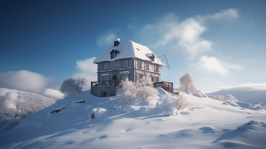 冬季下雪山顶的独栋房子2