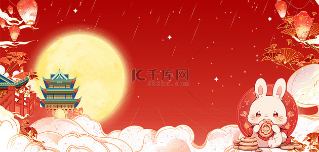 吃月饼背景图片_中秋节天宫兔子红色国潮吃月饼