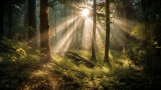 阳光透过森林里的树木照射进来1