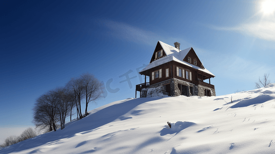 冬季下雪房子摄影照片_冬季下雪山顶的独栋房子1