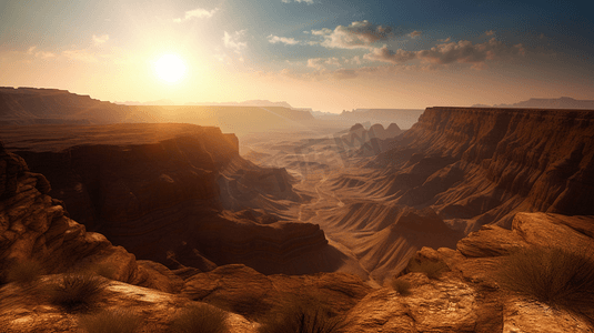 太阳正在沙漠中的一个峡谷上落下