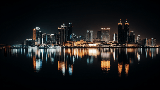 城市摄影照片_夜色中的一座城市水面上反射着灯光1