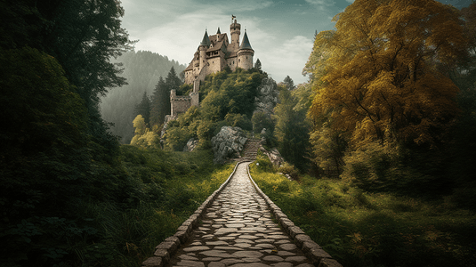 通向森林中央一座城堡的石路