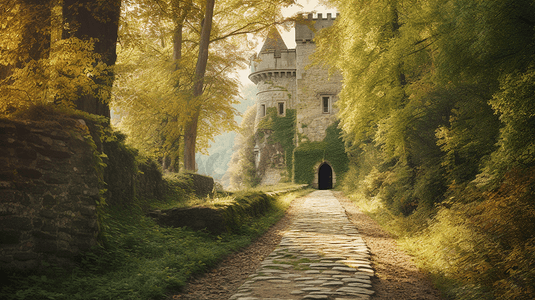 通向森林中央一座城堡的石路
