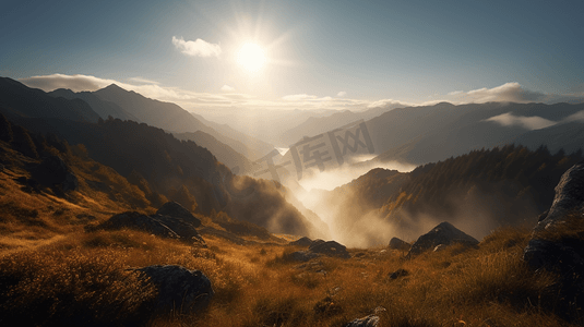 阳光透过薄雾照耀着群山