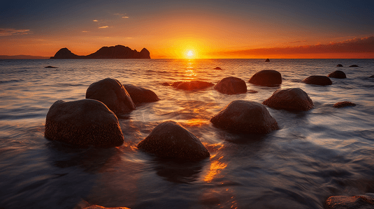日落夕阳照在海岸边的礁石上3