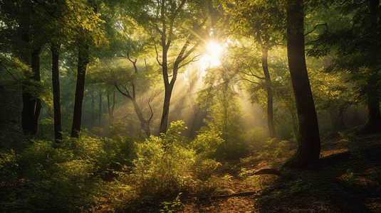 阳光透过森林里的树木丁达尔效应1