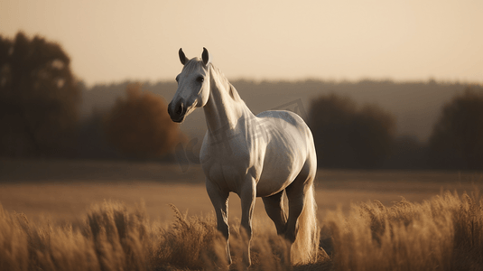 草地1摄影照片_站在田野中央的一匹白马1