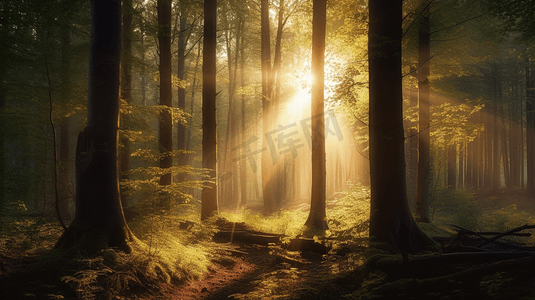 阳光透过森林里的树木丁达尔效应2