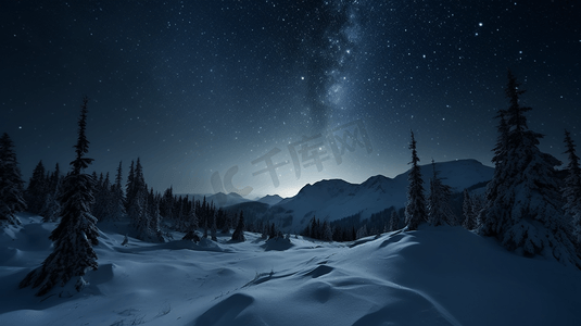 冬季雪地上空的银河星空