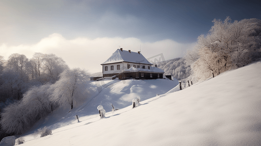 白雪覆盖的长满树木的小山和远处的一所房子3