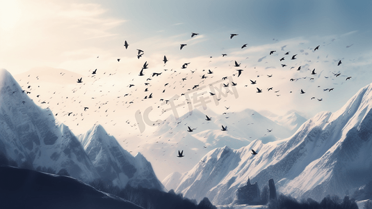 一群鸟在白雪覆盖的山上飞过