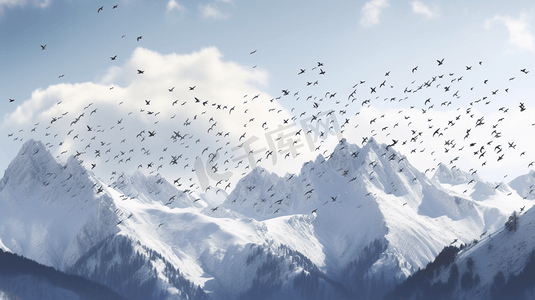 一群鸟在白雪覆盖的山上飞过
