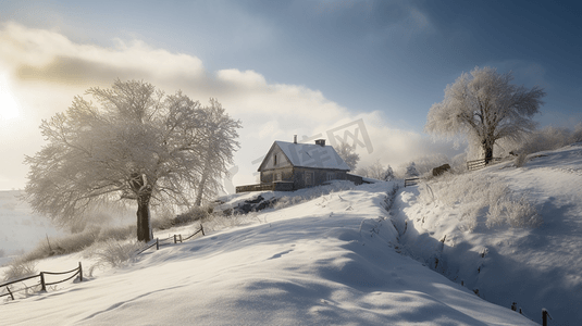 白雪覆盖的长满树木的小山和远处的一所房子1