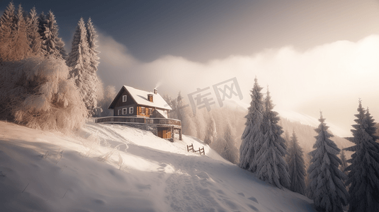 白雪覆盖的长满树木的小山和远处的一所房子4