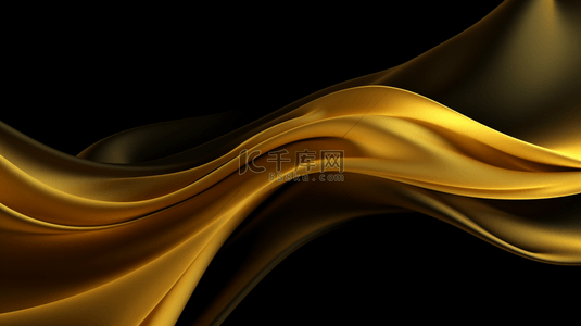 展示了一种光滑的质感和模糊效果的舒缓液流，形成了波浪状的黑色和金色形态。
