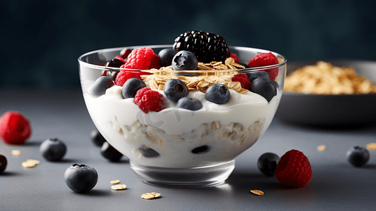 酸奶燕麦摄影照片_水果燕麦早餐减肥减脂代餐