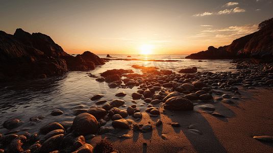 上落摄影照片_太阳正在多岩石的海滩上落下1