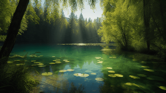 白天绿树环绕的绿水湖