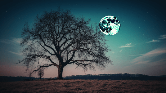 一棵没有叶子的树，天空中有一轮半月
