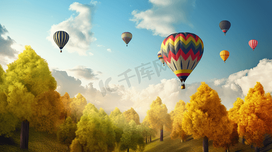 热气球飘带摄影照片_树上飞翔的热气球