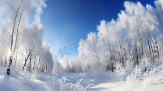 树木和森林摄影照片_白雪覆盖的森林，树木和蓝天
