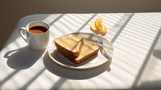 牛奶摄影照片_阳光下白桌上早餐咖啡面包