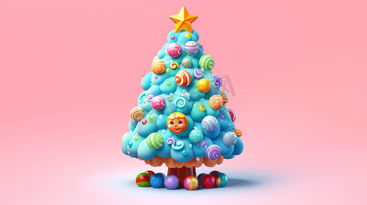圣诞节圣诞卡通3D可爱圣诞树粉色背景