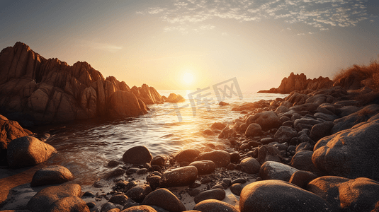 太阳正在多岩石的海滩上落下2