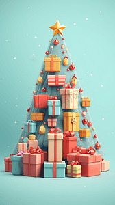 爱学英语卡通摄影照片_圣诞节圣诞卡通3D可爱圣诞树上挂满礼物礼盒