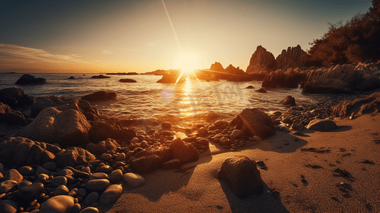 太阳正在多岩石的海滩上落下4