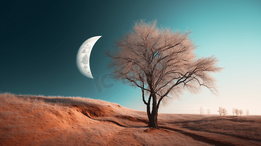 一棵没有叶子的树，天空中有一轮半月