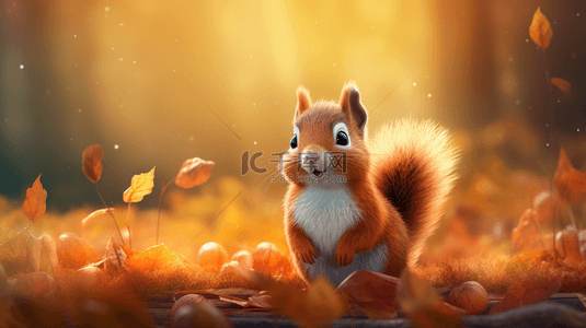 金色树林背景图片_秋天落叶树林里的小松鼠
