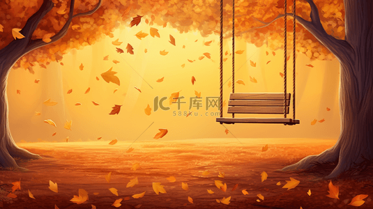 秋天落叶树林里的秋千