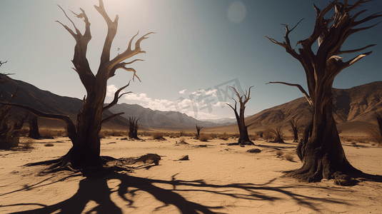沙漠枯树摄影照片_站在沙漠中央的一群枯树