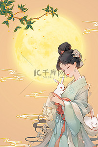 中月饼背景图片_中秋节嫦娥月亮黄色卡通中国风