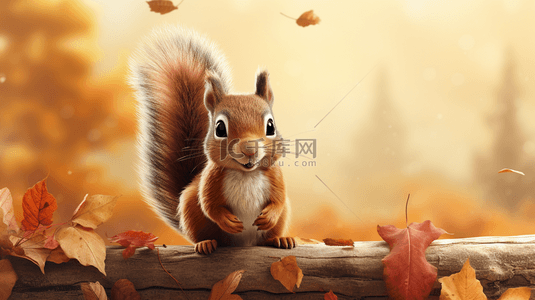 秋天落叶树林里的小松鼠