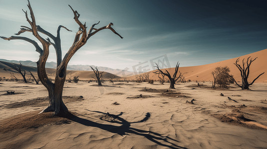 沙漠枯树摄影照片_站在沙漠中央的一群枯树