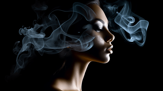 黑色烟雾摄影照片_黑色背景下的女性肖像和烟雾